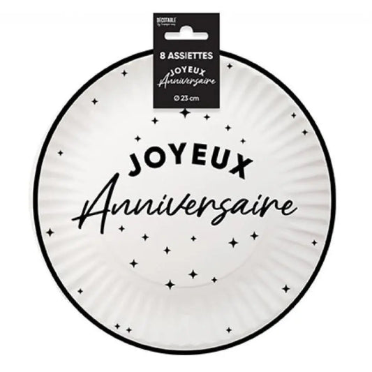 8 Assiettes en Carton "Anniversaire Noir/Blanc" - 23 cm