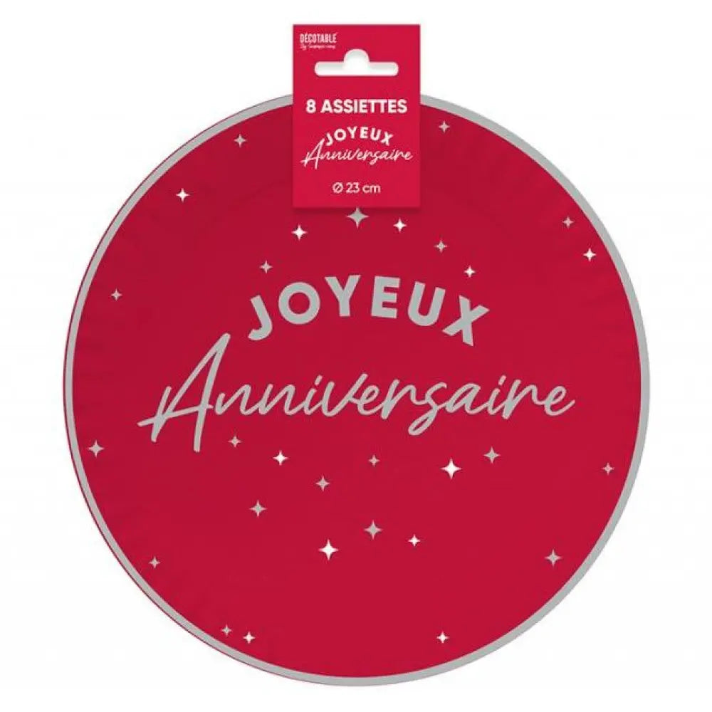 8 Assiettes en Carton "Anniversaire Rouge" - 23 cm