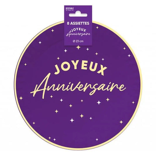8 Assiettes en Carton "Anniversaire Violet" - 23 cm