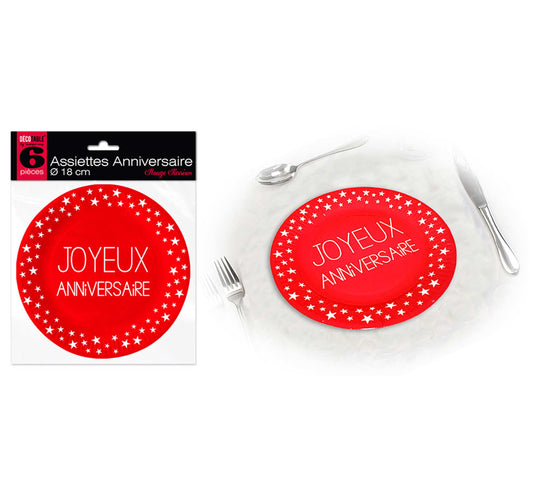 6 assiettes Joyeux Anniversaire 18 cm