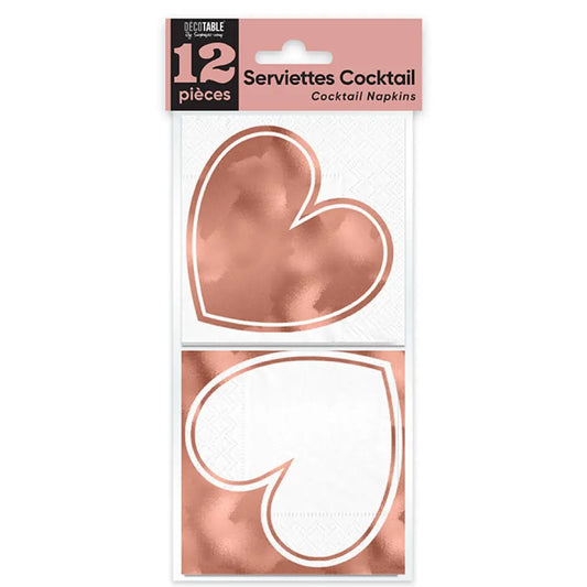 12 Serviettes en Papier Cocktail - Coeur Rose Gold
