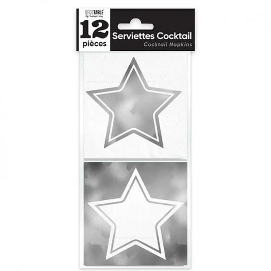 12 Serviettes en Papier Cocktail - Etoile Argent