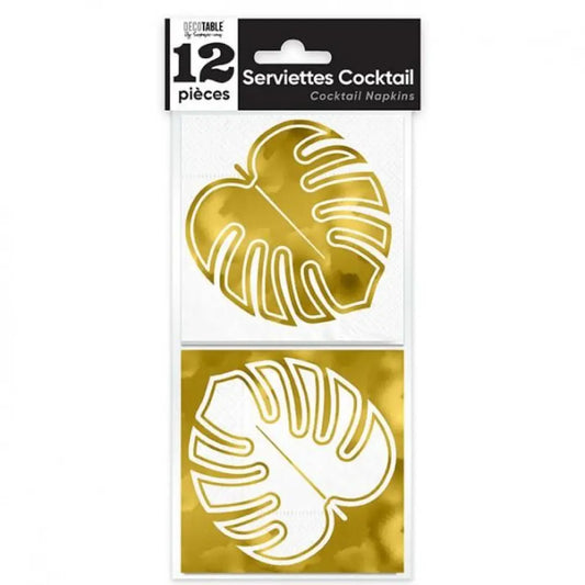 12 Serviettes en Papier Cocktail - Feuille Or