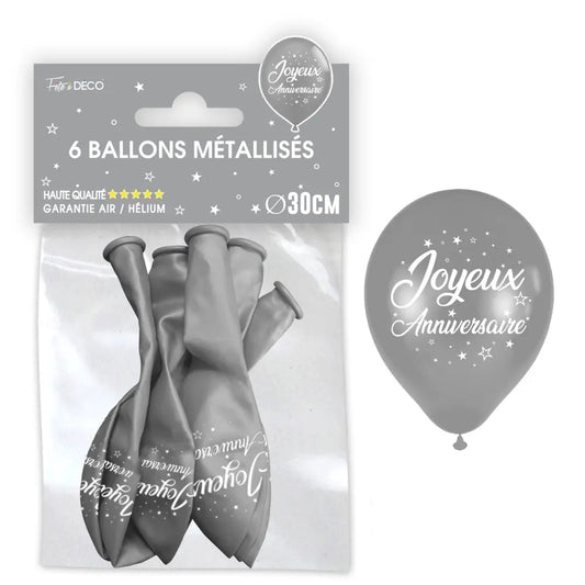 6 Ballons Métal ''Joyeux anniversaire'' - Argent
