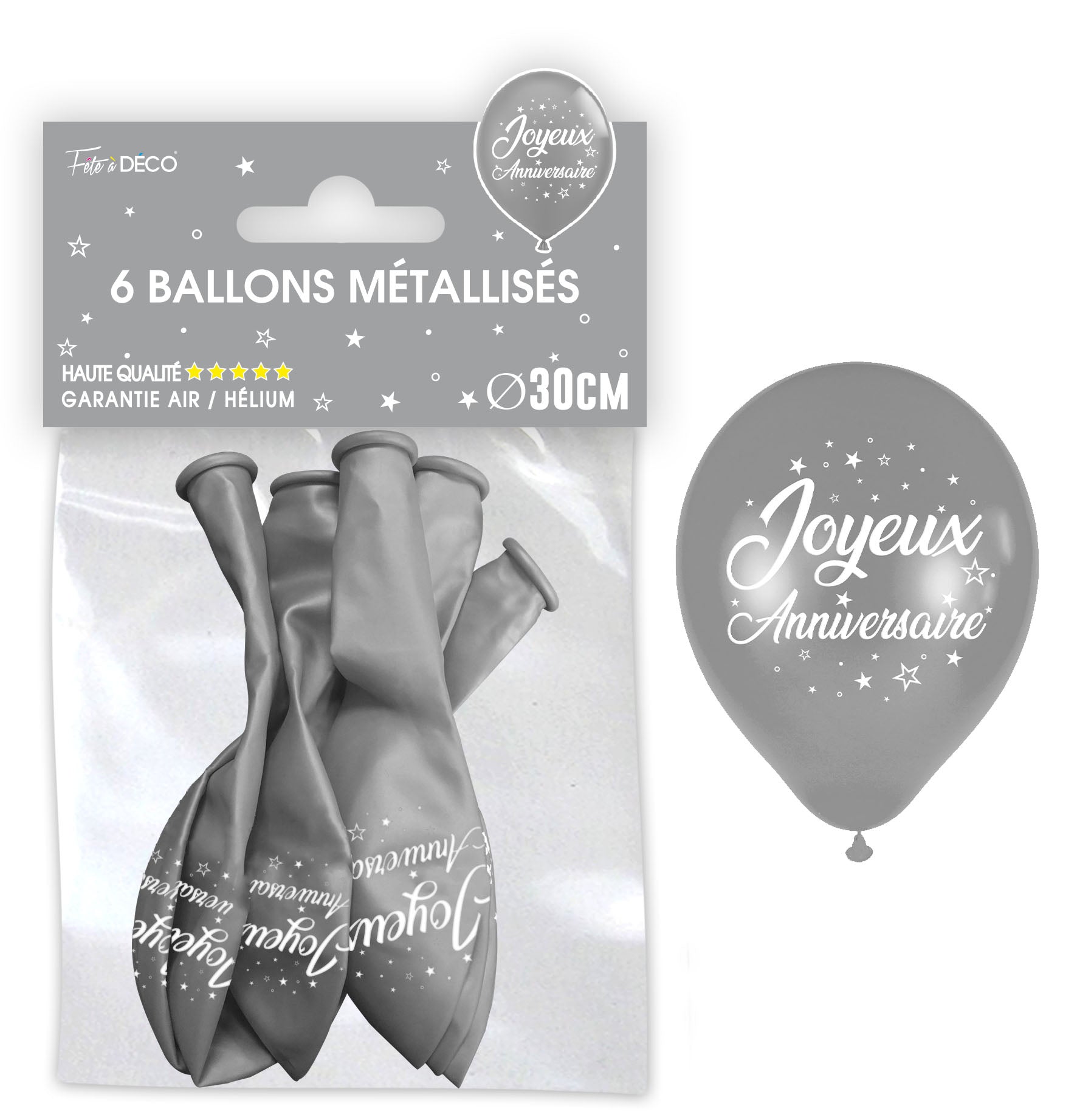 Sachet de 6 ballons métal argent - Tous les évènements de la vie : Joyeux anniversaire<br/>