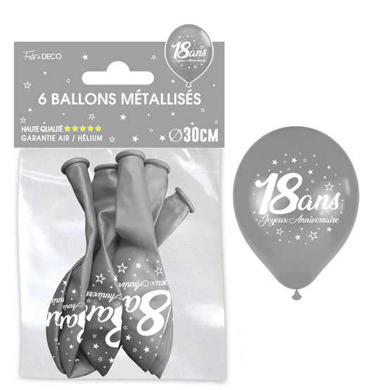 Sachet de 6 ballons métal argent - Tous les évènements de la vie : 18 ans