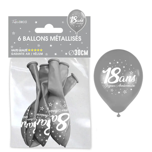 Sachet de 6 ballons métal argent - Tous les évènements de la vie : 18 ans