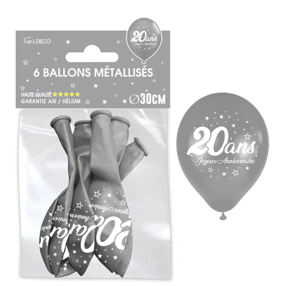 Sachet de 6 ballons métal argent - Tous les évènements de la vie : 20 ans