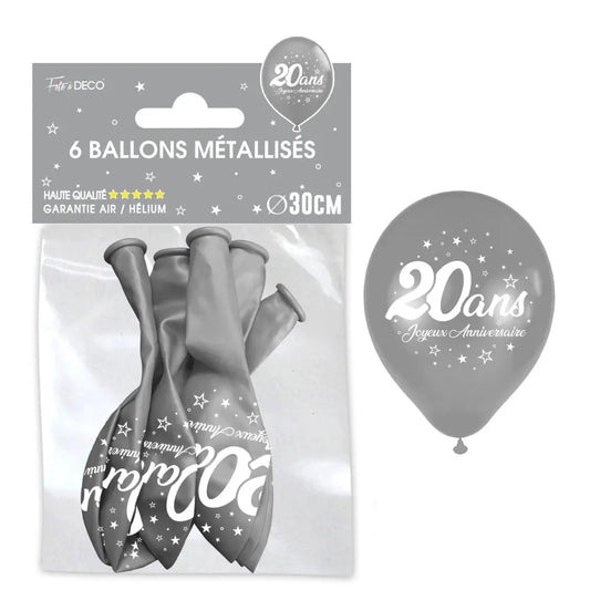 Sachet de 6 ballons métal argent - Tous les évènements de la vie : 20 ans