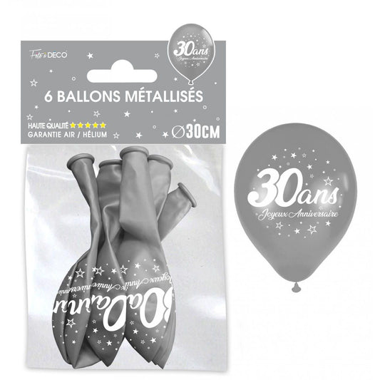 Sachet de 6 ballons métal argent - Tous les évènements de la vie : 30 ans