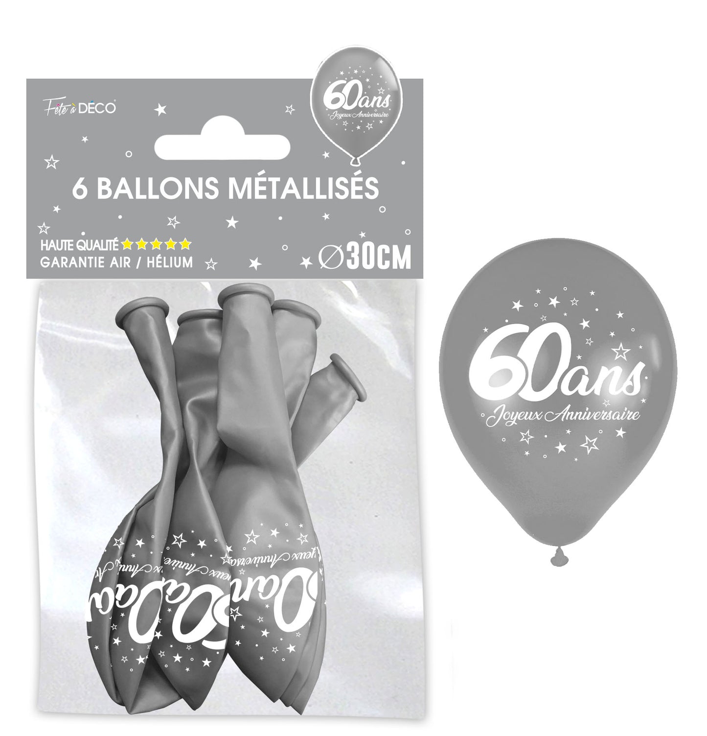 Sachet de 6 ballons métal argent - Tous les évènements de la vie : 60 ans