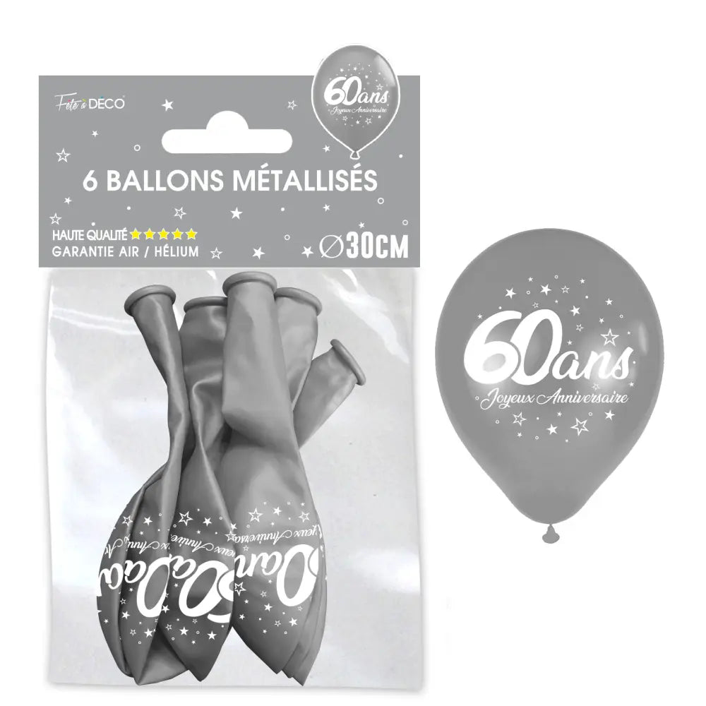 Sachet de 6 ballons métal argent - Tous les évènements de la vie : 60 ans