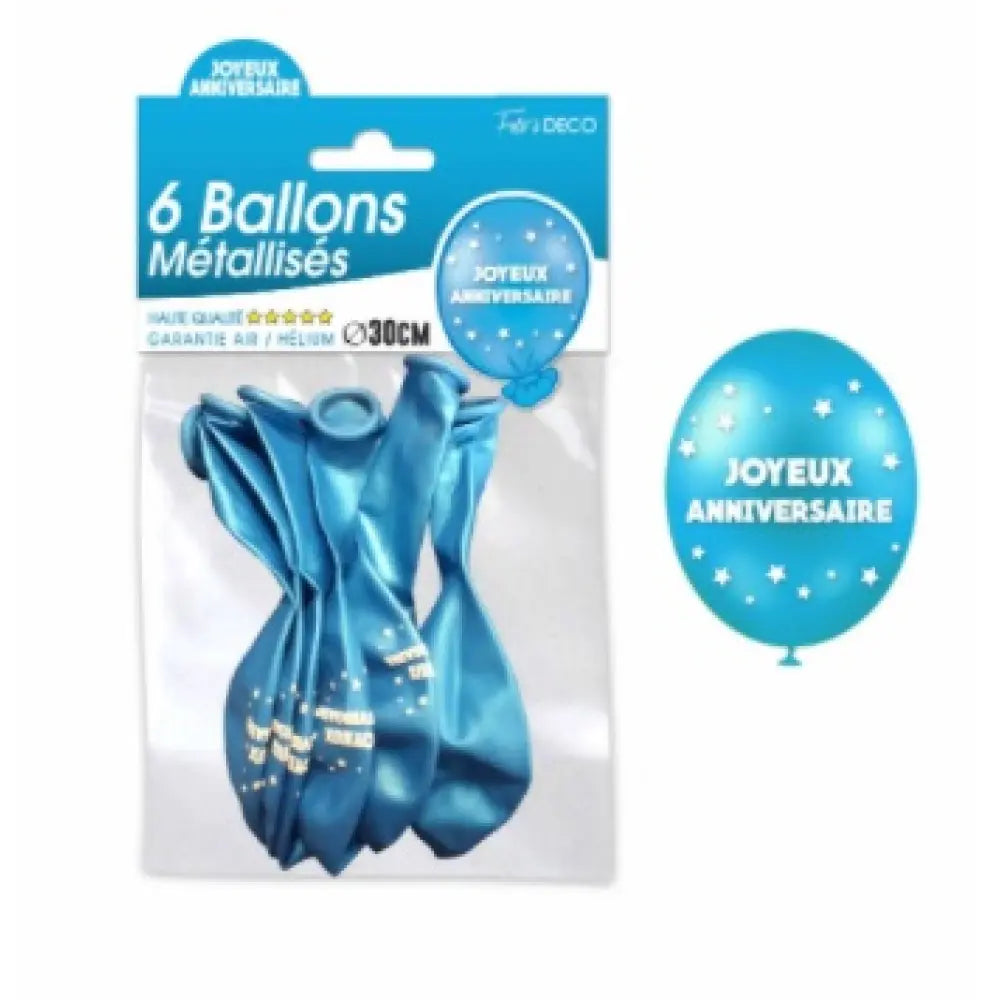 Sachet de 6 ballons métallisés joyeux anniversaire Bleu