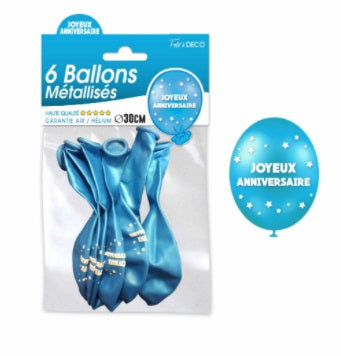 Sachet de 6 ballons métallisés joyeux anniversaire Bleu