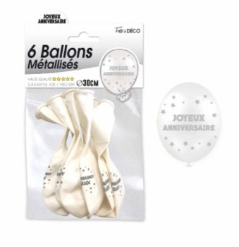 Sachet de 6 ballons métallisés joyeux anniversaire Blanc Albâtre