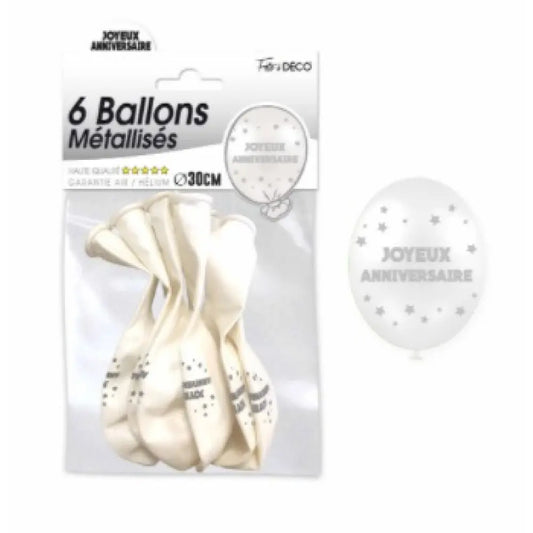 6 Ballons Métal ''Joyeux anniversaire'' - Blanc