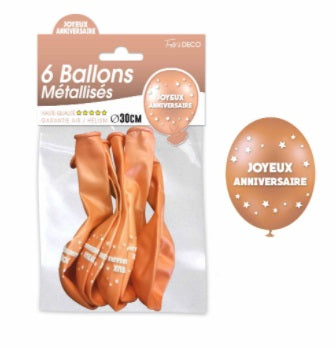 Sachet de 6 ballons métallisés joyeux anniversaire Cuivre