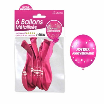 Sachet de 6 ballons métallisés joyeux anniversaire Fuchsia