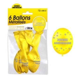 Sachet de 6 ballons métallisés joyeux anniversaire Jaune