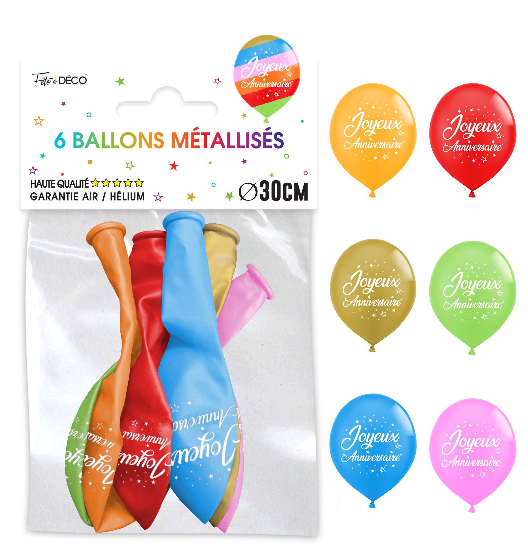 Sachet 6 ballons Métallisés Multicolores Joyeux Anniversaire