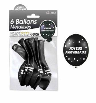 Sachet de 6 ballons métallisés joyeux anniversaire Noir