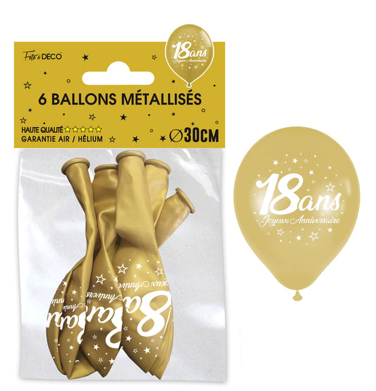 Sachet de 6 ballons métal OR - Tous les évènements de la vie : 18 ans