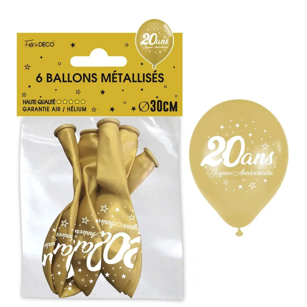 6 Ballons Métal Or - 20 ans