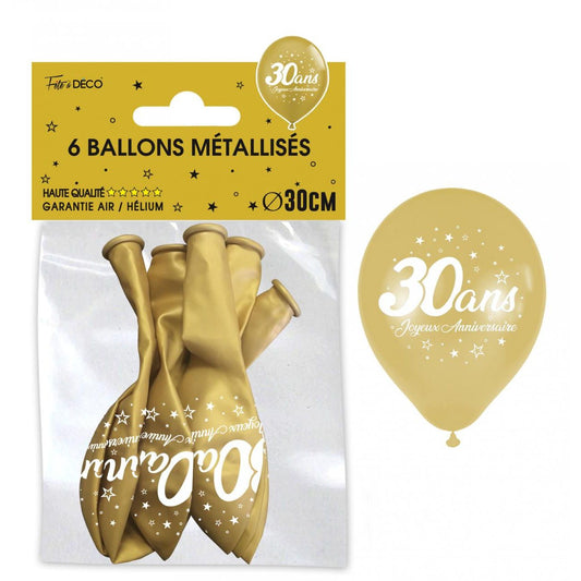 Sachet de 6 ballons métal OR - Tous les évènements de la vie : 30 ans