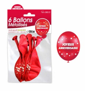 Sachet de 6 ballons métallisés joyeux anniversaire Rouge