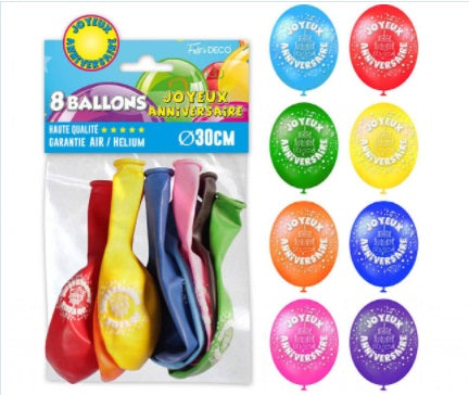 Sachet de 8 ballons latex Joyeux Anniversaire