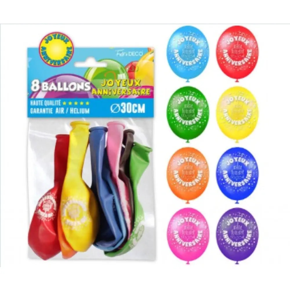 Sachet de 8 ballons latex Joyeux Anniversaire