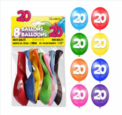 Sachet de 8 ballons latex chiffre 20