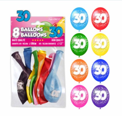 Sachet de 8 ballons latex chiffre 30