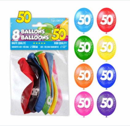 Sachet de 8 ballons latex chiffre 50