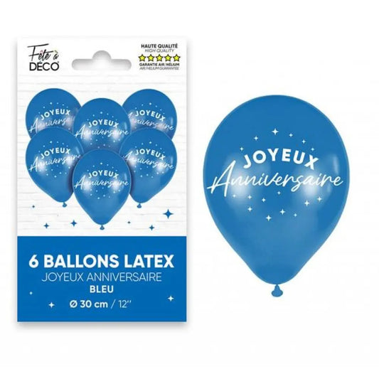 6 Ballons Latex ''Joyeux Anniversaire'' Bleu
