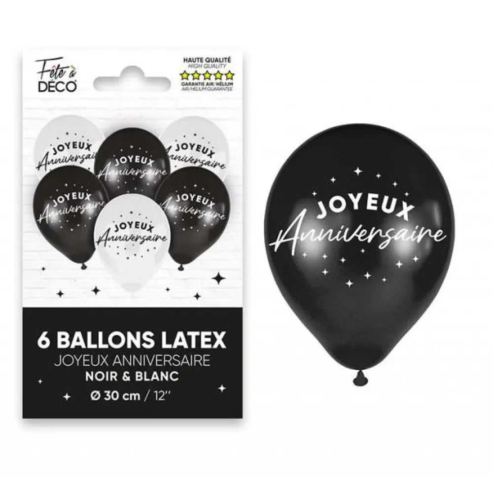 6 Ballons Latex ''Joyeux Anniversaire'' Noir/Blanc