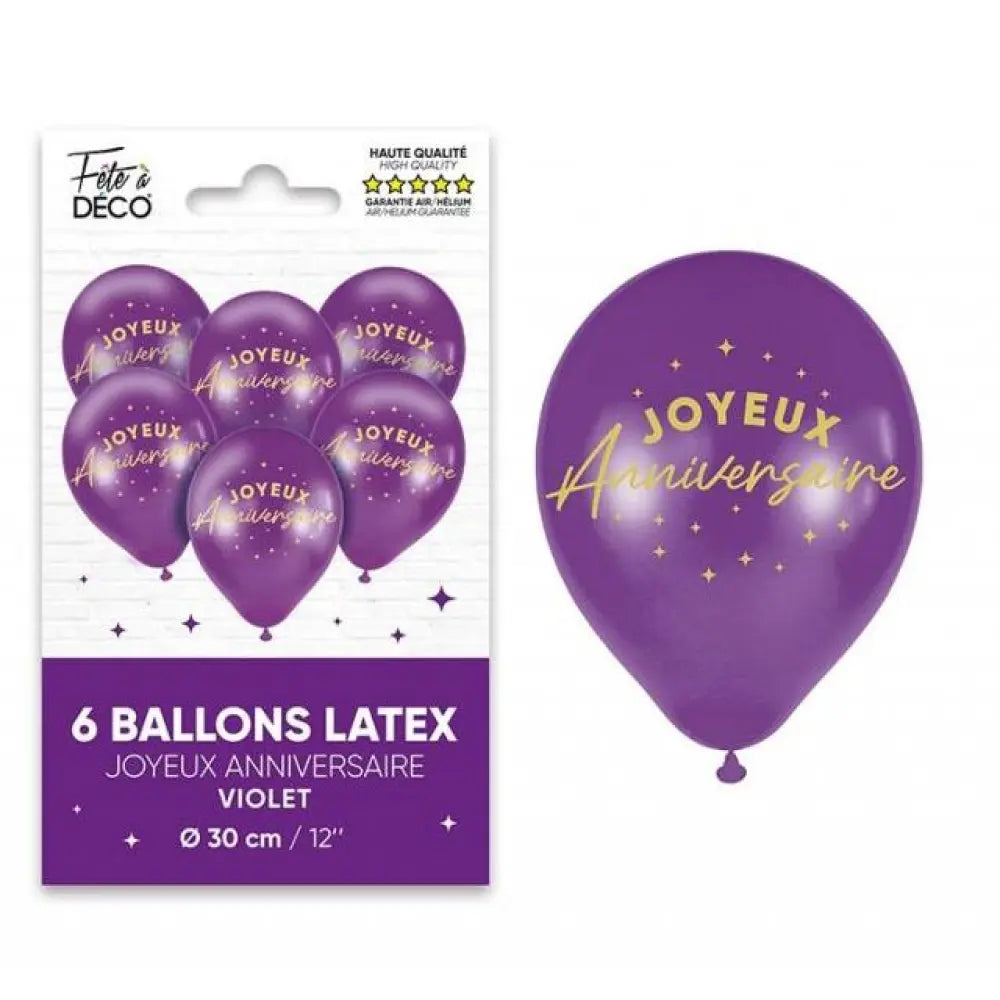 6 Ballons Latex ''Joyeux Anniversaire'' Violet