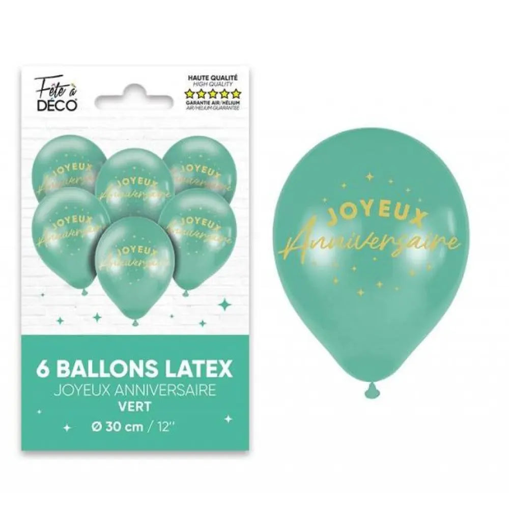 6 Ballons Latex ''Joyeux Anniversaire'' Vert