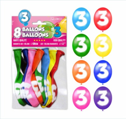 Sachet de 8 ballons latex chiffre 3