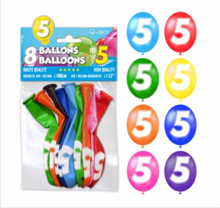 Sachet de 8 ballons latex chiffre 5