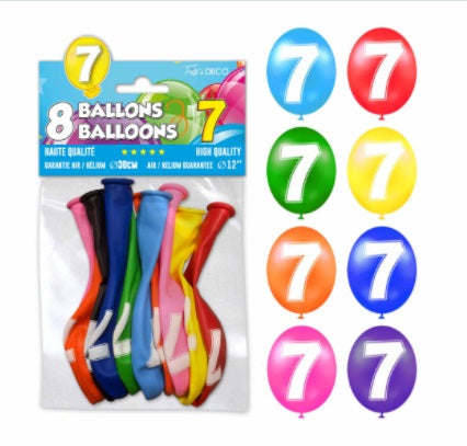 Sachet de 8 ballons latex chiffre 7