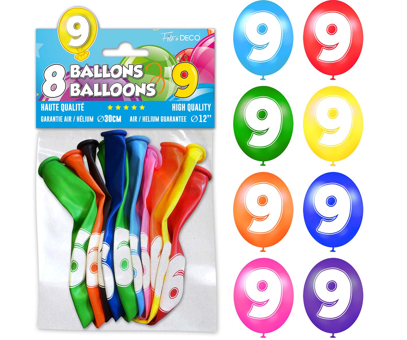 8 ballons de baudruche Chiffre - Tous les chiffres : 9