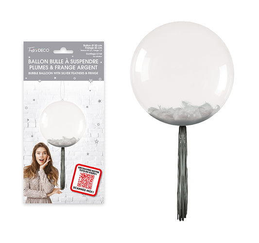 Ballon bulle transparent plumes et franges - Eventail des couleurs : Argent<br/>