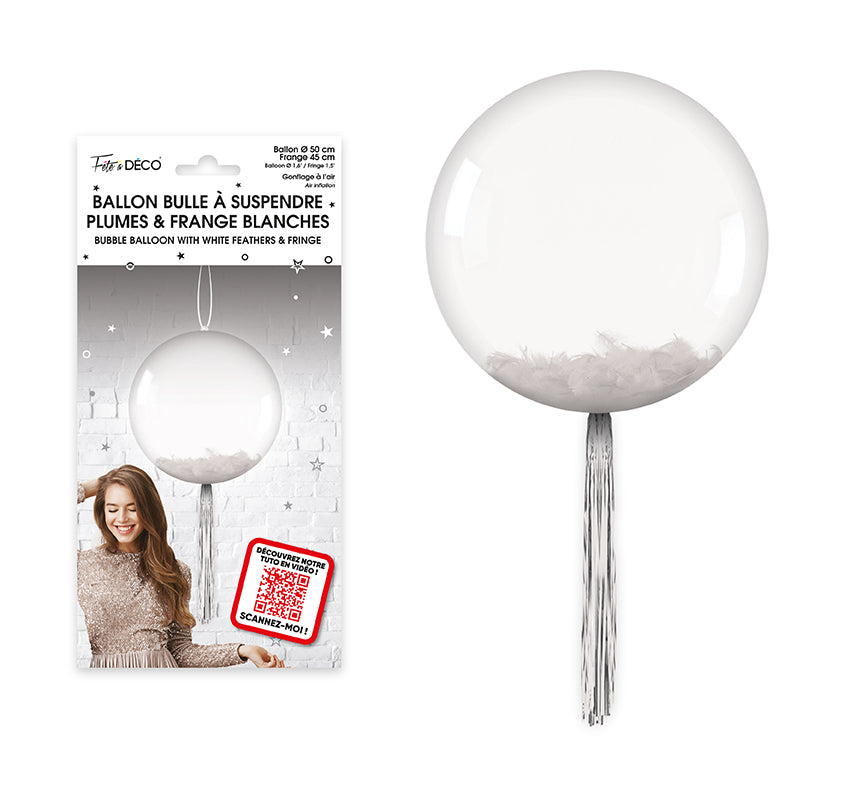 Ballon bulle transparent plumes et franges - Eventail des couleurs : Blanc<br/>