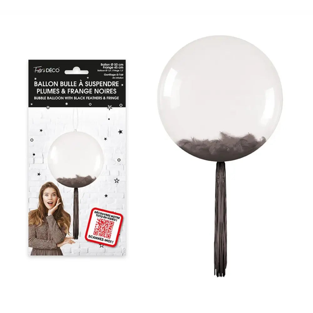 Ballon bulle transparent plumes et franges - Noir