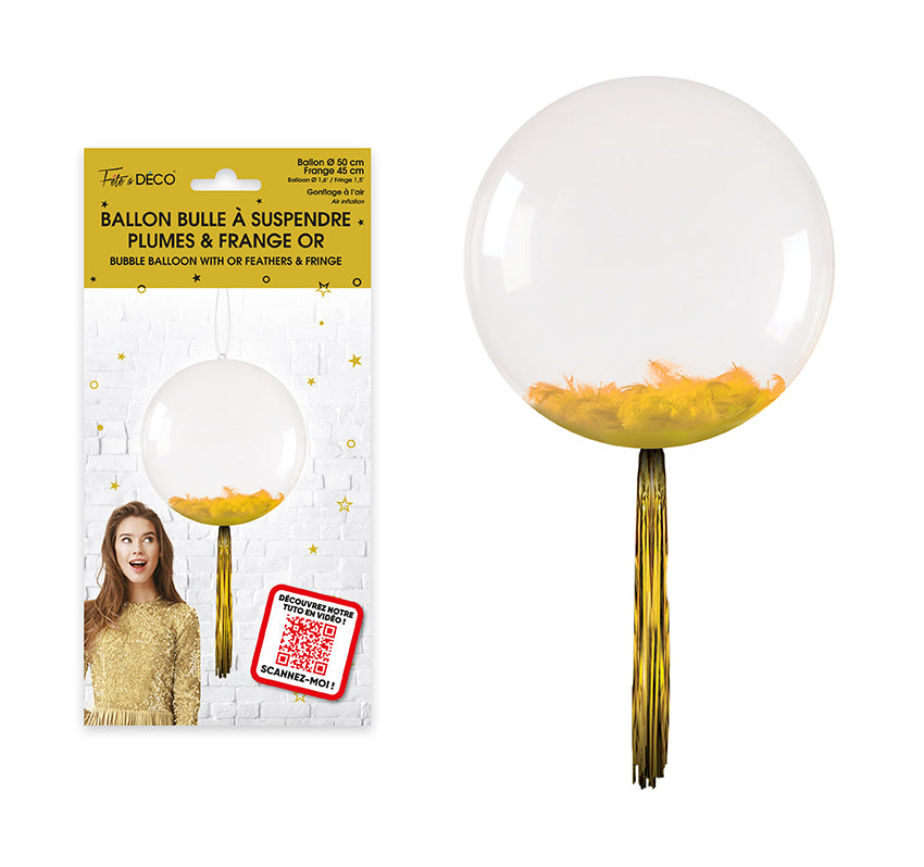 Ballon bulle transparent plumes et franges - Eventail des couleurs : Or<br/>