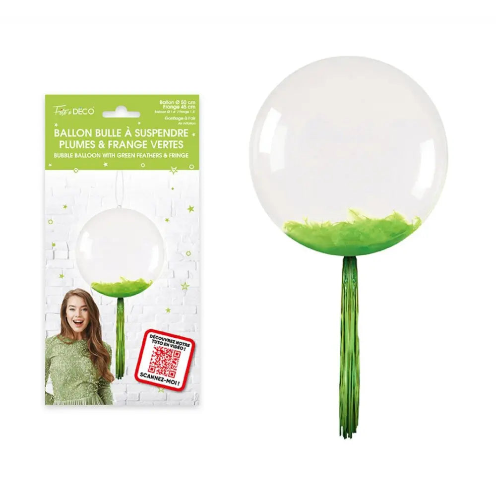 Ballon bulle transparent plumes et franges - Vert