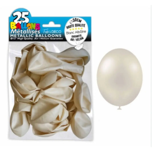 Sachet de 25 ballons latex métallisés Blanc Albâtre