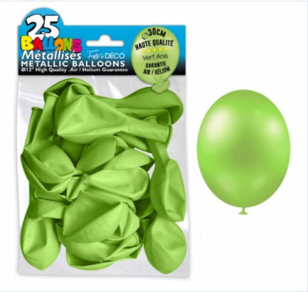 Sachet de 25 ballons latex métallisés Vert Anis