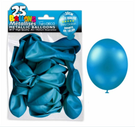 Sachet de 25 ballons latex métallisés Bleu Océan